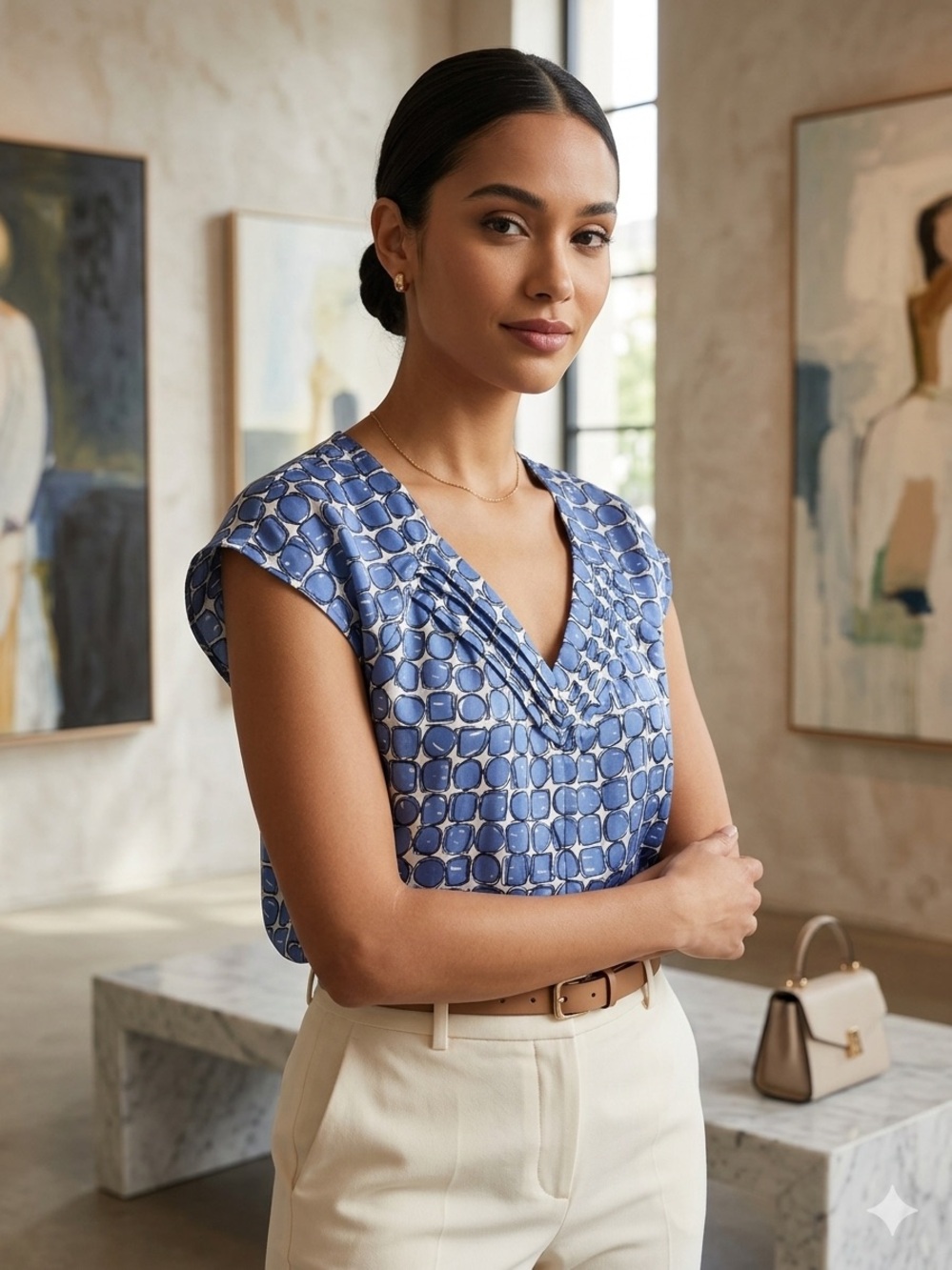 Luxury Feminine 100% Silk Business Casual Blue & White Geometric Cap Sleeve Top